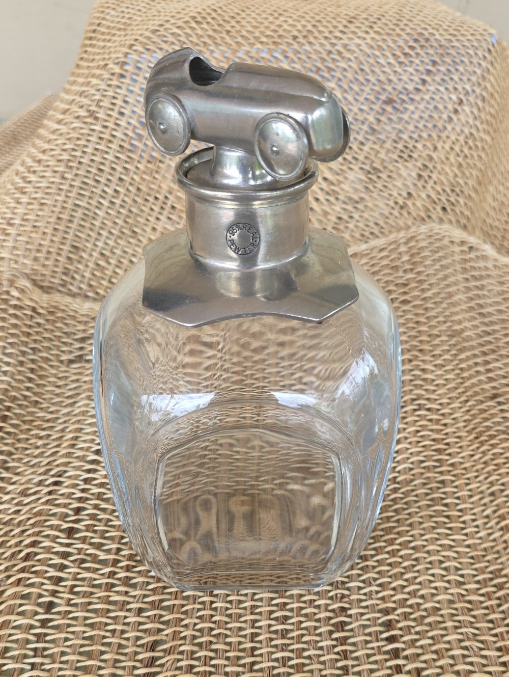 Pottery Barn Vintage Race Car Glass Decanter Pewter Stopper Rare